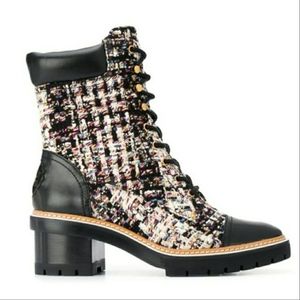 Tory Burch Miller Leather and Tweed Lace Up Boot